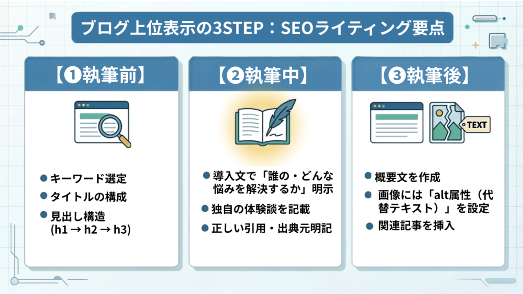 SEO記事作成の具体的な方法3ステップのまとめ画像